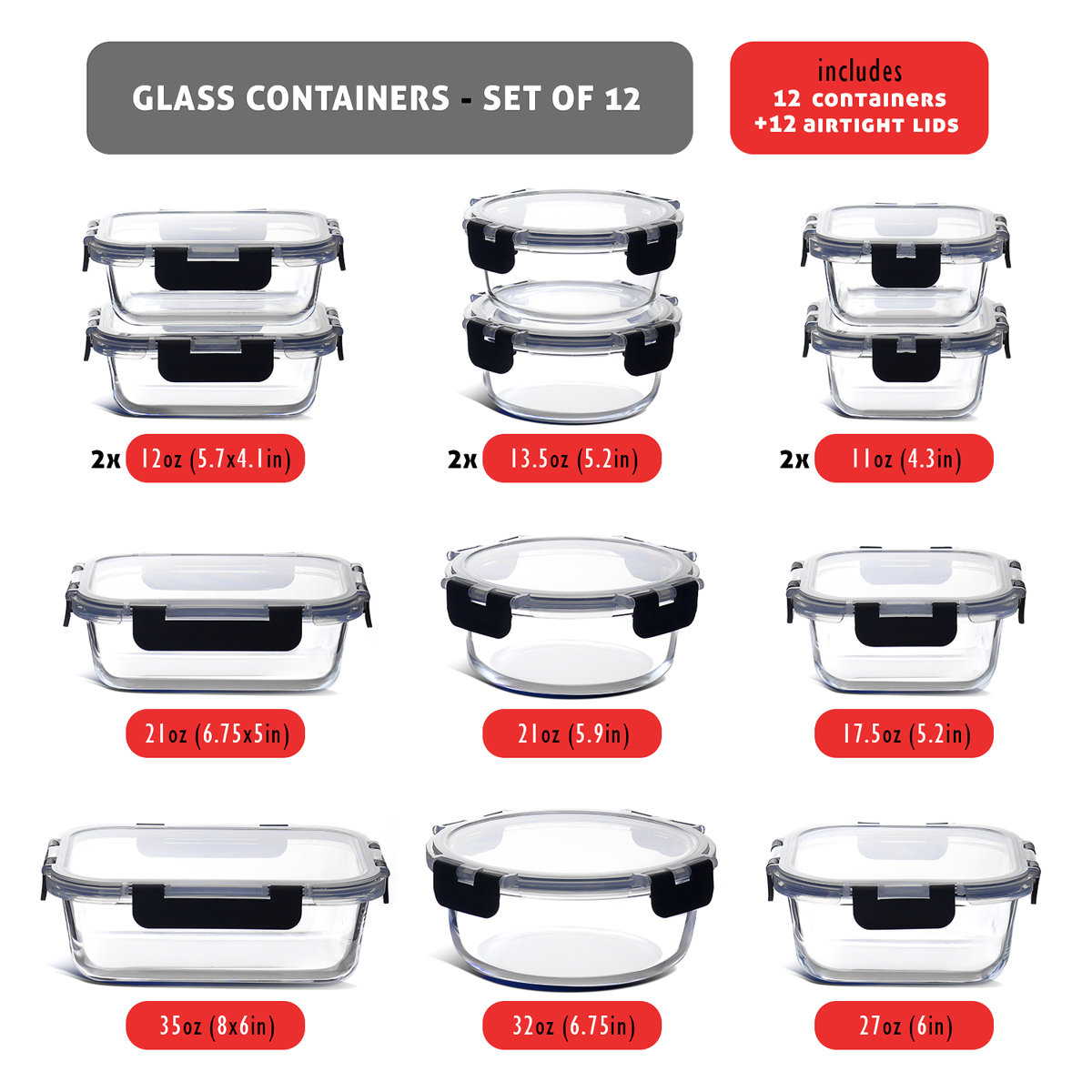 Ivy Bronx 24pc Glass Storage Containers with Lids, 12 Food Storage Containers with 12 Airtight Lids (Set of 12)